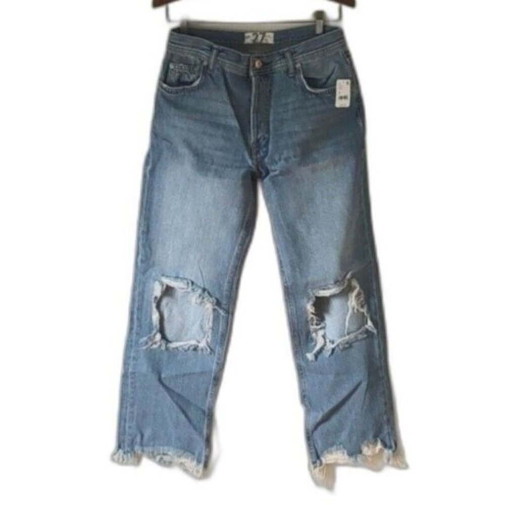 NWT! Free People Maggie Mid-Rise Straight-Leg Jeans Distressed Cotton SZ 27